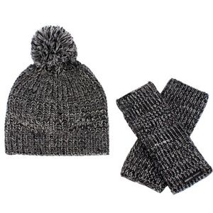 REBECCA MINKOFF Marled Acrylic Rib stitch Pom Beanie Hat & Arm Warmer Set Black